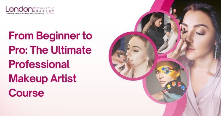 The image featuring a professional makeup artist course with visuals of makeup application on models, demonstrating various styles and techniques.